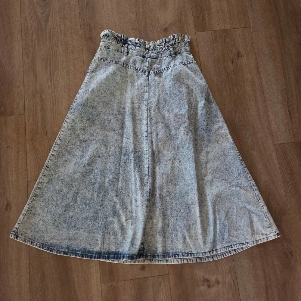 Vintage Rayo of California Acid Wash Denim Paperbag Midi Skirt‎ Bandana Trim 80s